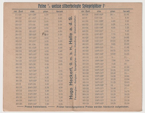 Halle Saale Hugo Heckert Glas , Spiegel Großhandlung , alte Preisliste - Bild 2 von 2