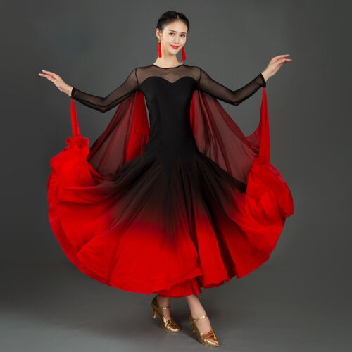 NEW Latin Ballroom Dance Dress Modern Salsa Waltz Standard Long Dress#C056 Red - Afbeelding 1 van 7