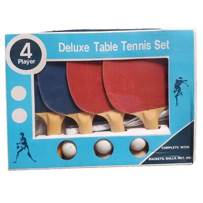 VTG Ping Pong Deluxe Table Tennis Set - 4 Racket Paddles, Net, 3 Balls - NEW