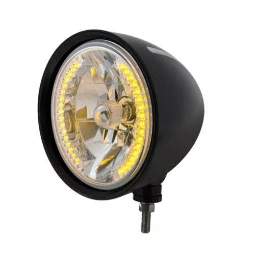 Black “BILLET” Style Groove Headlight with Visor - 34 Amber LED Crystal Halogen