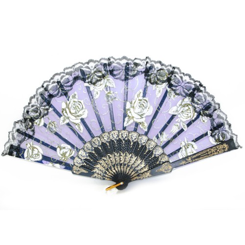 Black Slab Lace Folding Fan with Rose Pictures - Picture 4 of 8