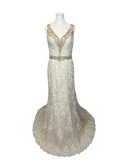 Justin Alexander Light Gold/Silver Lace Beaded Illusion Back Gown Size 12 2200