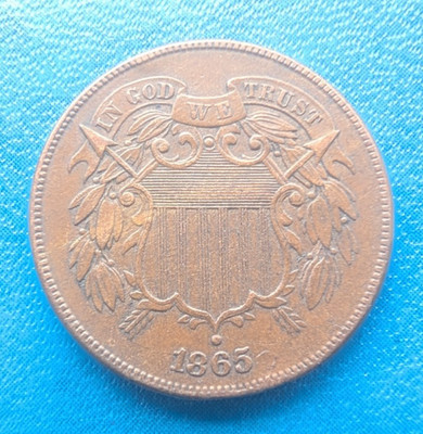 1865 Shield Two Cent Coin - United States 2 cents- Full motto - edge knocks (B)