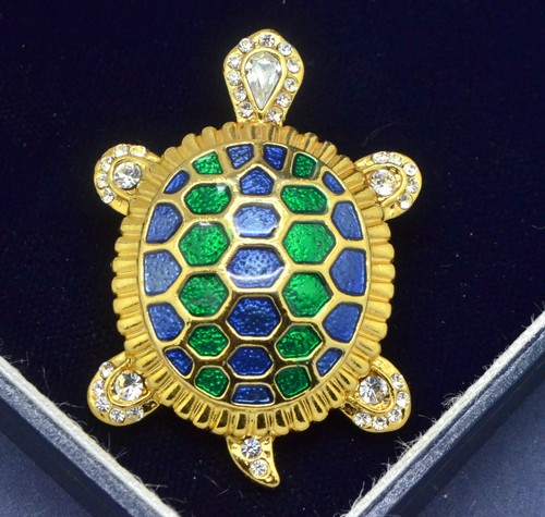 Spilla vintage anni 80 smalto blu e verde e cristallo tartaruga tono oro gioielli - Foto 5 di 7