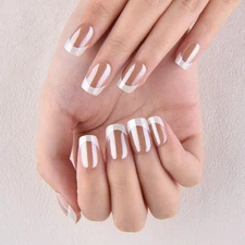 Nude Chrome French Press on Nails Short Square, Glazed Nude Nail White Tip Gl...
