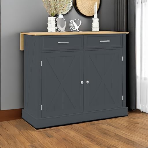 Rolling Kitchen Island with Drop Leaf Wood Breakfast Bar, Farmhouse Kitchen C...