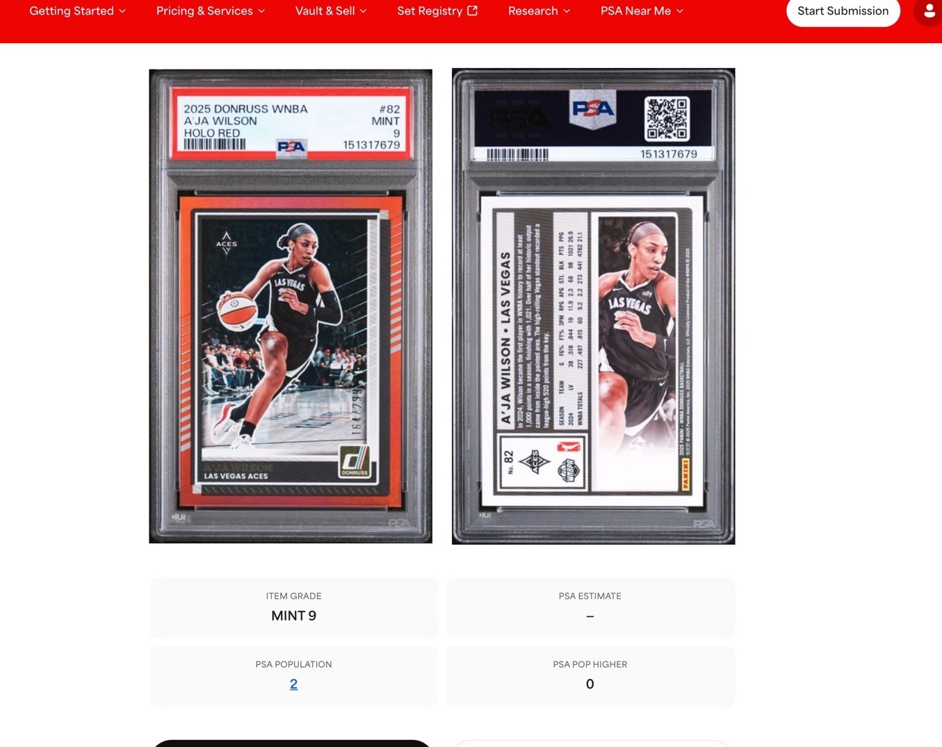 2025 Donruss WNBA #82 AJA WILSON HOLO RED /299 PSA 9 MINT 🔥 POP 2 NONE HIGHER view 3