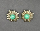 Vintage Goldtone Sunburst Clip-on Earrings Mottled Green Cobuchon & Faux Pearls — photo 2