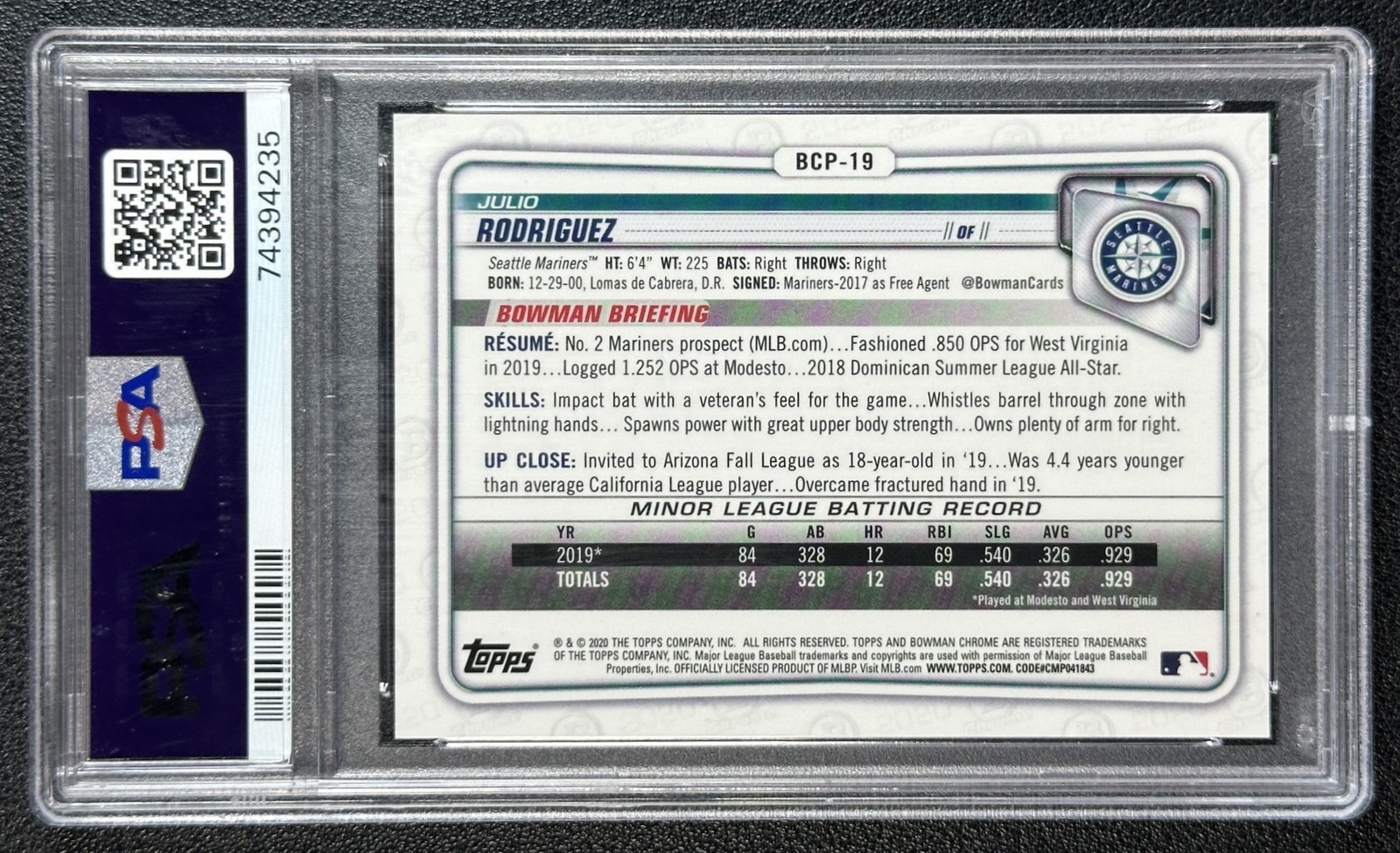 JULIO RODRIGUEZ PSA 9 2020 BOWMAN CHROME SAPPHIRE #BCP-19 ORANGE REFRACTOR 21/75 view 2