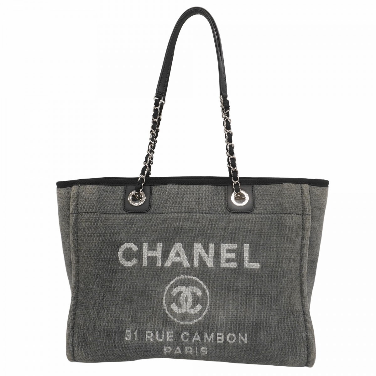 CHANEL Deauville Canvas Tote Bag Black with Silver Chain Shoulder Strap Pre-Owned