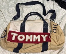 Vtg Tommy Hilfiger Duffle Bag Large 90s Spell Out Gym Bag Beige Rare EUC Read