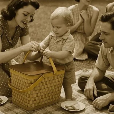 Rare Vintage Redmon Woven Wicker Picnic Basket with Metal Handles and Hinged Lid