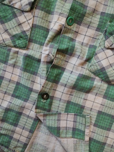 Vintage 1950s 60s Loop Collar Flannel Shirt Distressed Kid's Size Small Green - Picture 8 of 17