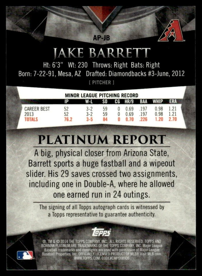 2014 Bowman Platinum Prospect Autographs Green Refractors Jake Barrett 364/399 - Image 2 of 2