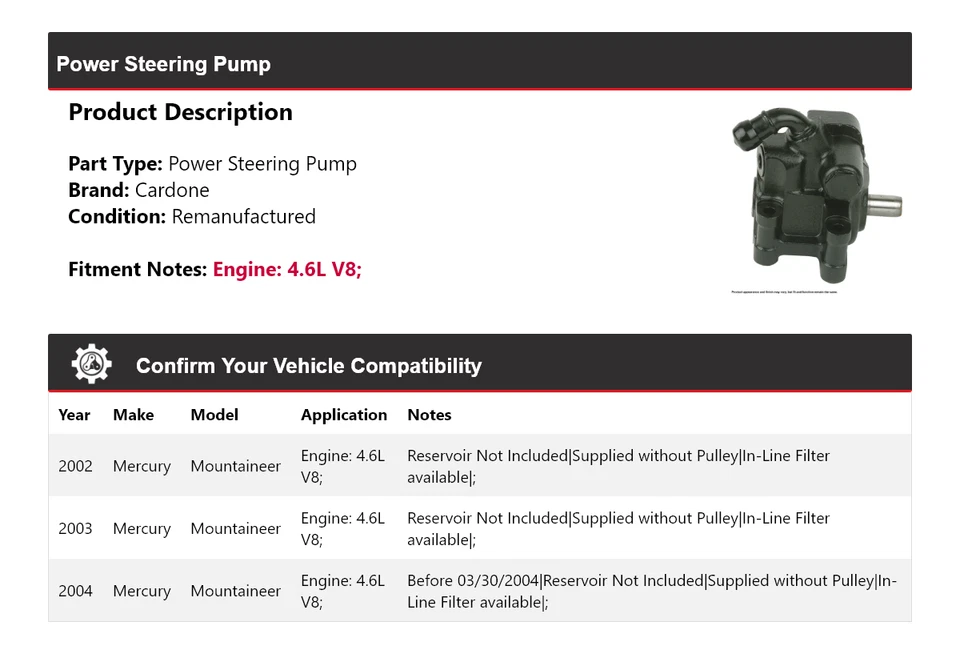 Bomba de dirección asistida Cardone 2003 para Mercury Mountaineer 2002-2004 4,6 L V8 Foto 2 de 4