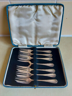 Um 1930 Box Set (6x) Art Deco Pettern Dessertgabeln - versilbert