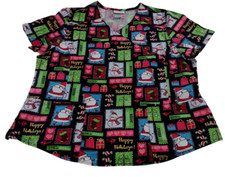 Scrubstar Happy Holidays Christmas Print XL V Neck Scrub Top