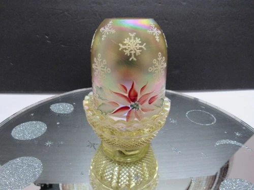 FENTON GLASS 1997 SNOWFLAKE&POINSETTIA ON AUTUMN  IRIDESCENT FAIRY LAMP