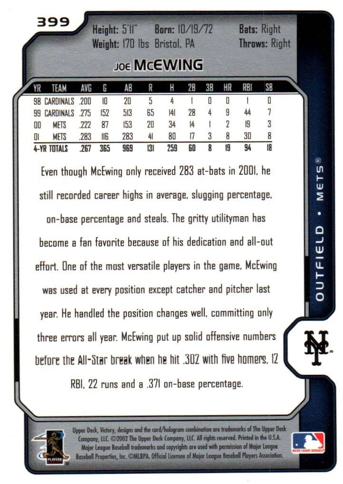 Joe McEwing OF Mets Upper Deck Baseball Card #399 2002 - Image 2 of 2