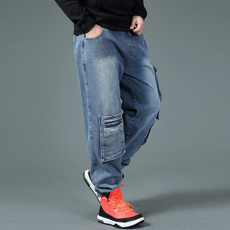 Herren Cargo Denim Hose Gummibund Jeanshose Locker Konisch mit