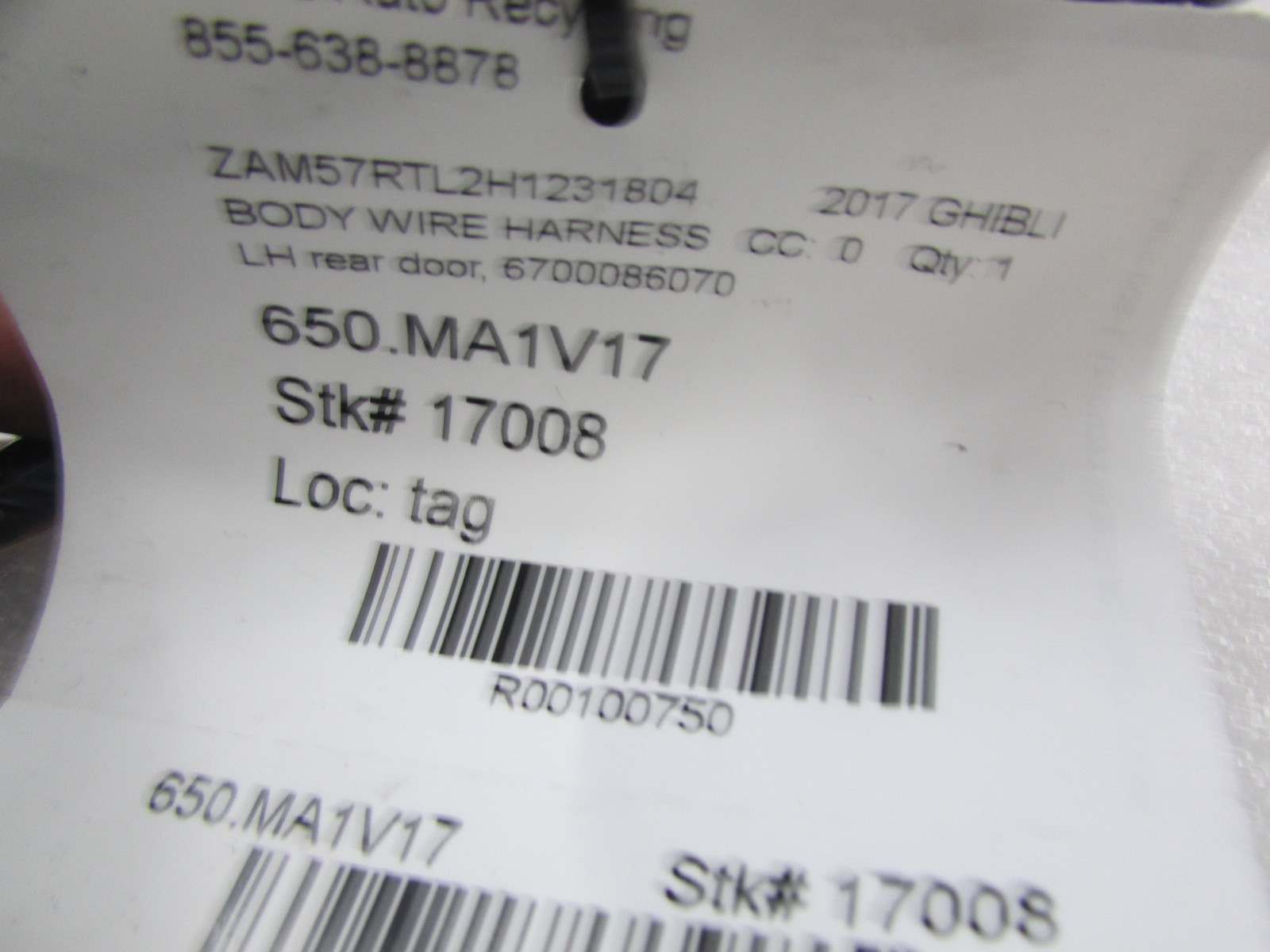 Maserati Ghibli, LH, Left Rear Door Wire Harness, Used, P/N 6700086070