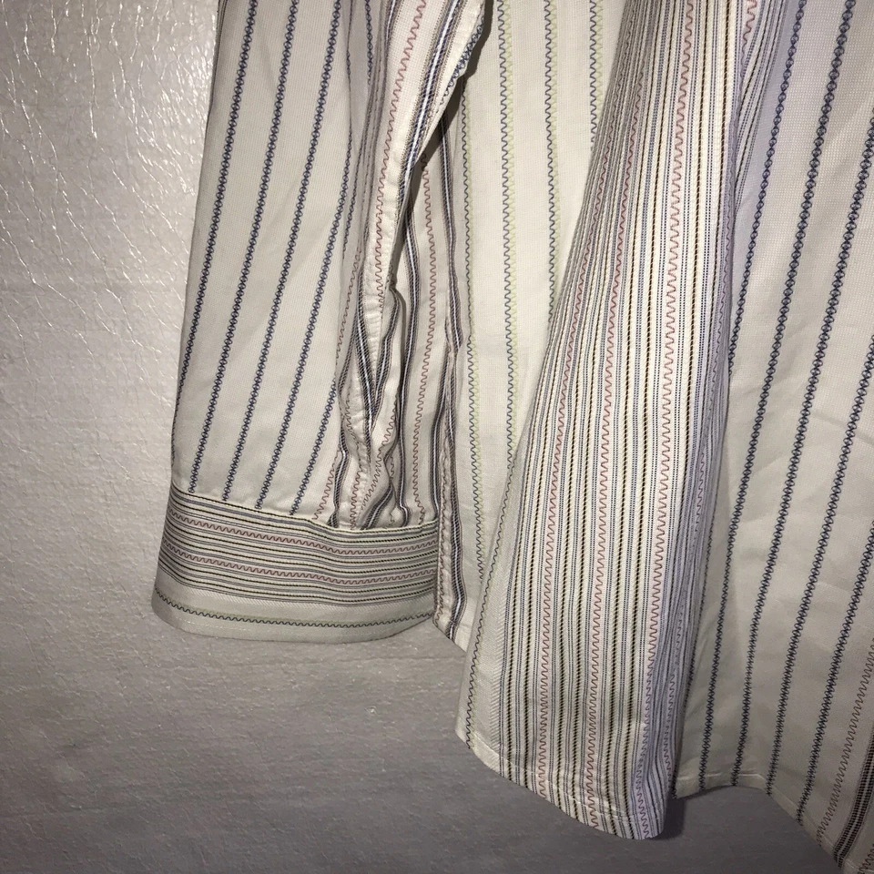 Camisa Cubavera Para Hombre Botón Frontal Blanco Azul Rojo Rayas XL A13 Foto 4 de 4