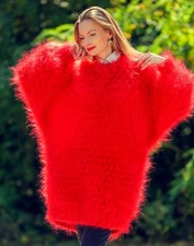 SuperTanya red fuzzy mohair sweater dress slouchy hand knit oversized tunic