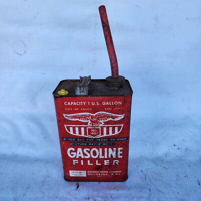 Vtg 1 GALLON-GASOLINE METAL Can US Eagle Container Red USA Wellsburg Filler 1001