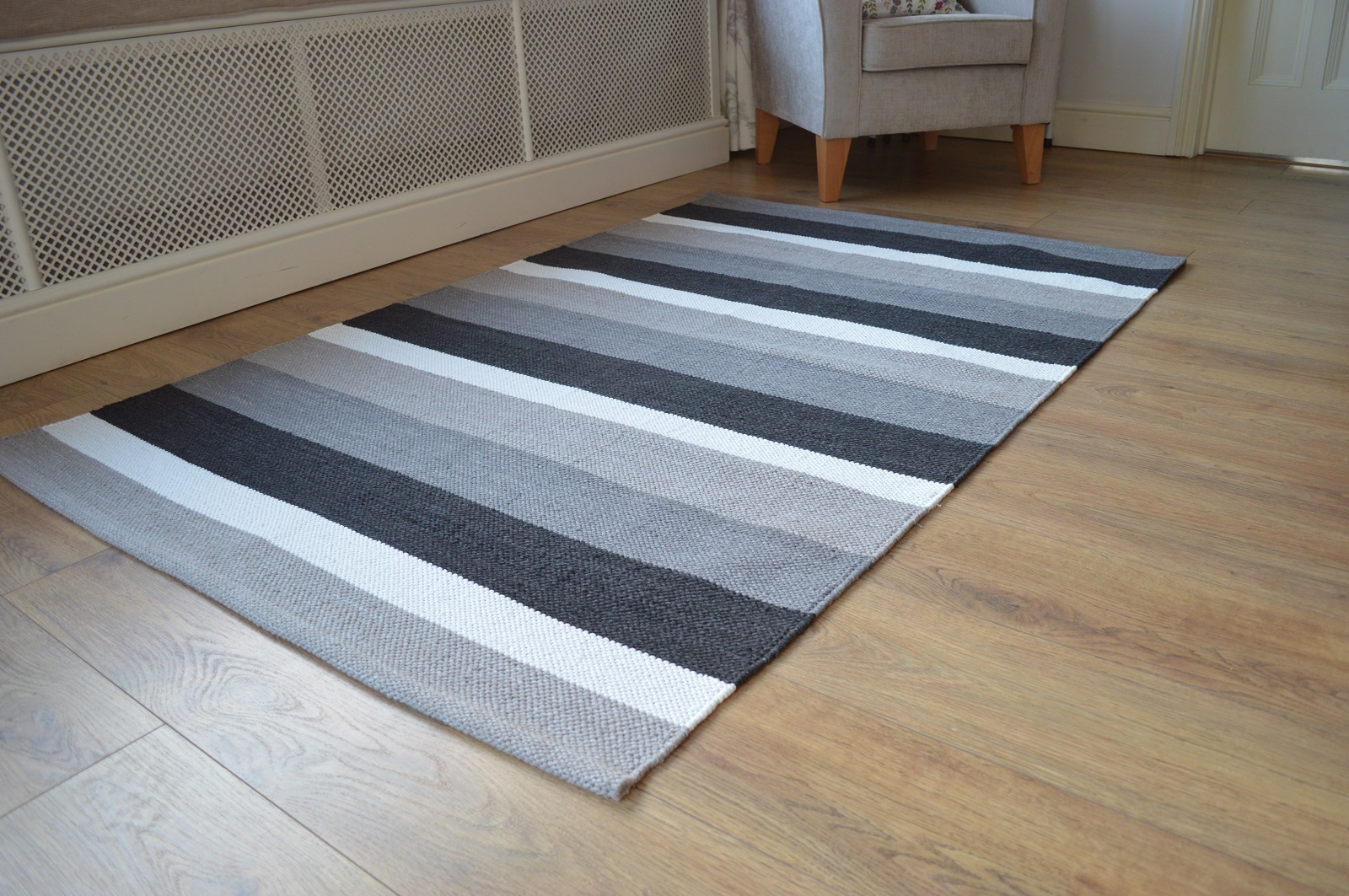 FLOOR RUG, 100% Cotton Flat Weave Pembroke 120x180cm 4x6' Grey Charcoal Black