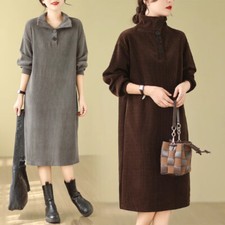 Women Corduroy Dress High Neck Long Sleeve Turtle Neck A-line Retro Midi Warm