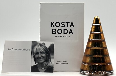 Kosta Boda Sweden Art Glass Tree Cone Gold Striped Christmas Anna Ehrner Signed