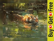 Majestic Swimming Tiger Vibrant Jungle Oil Painting Print 5"x7" on Matte Paper