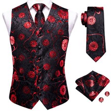 Hi-Tie Mens Waistcoat Red Flower Vest Tie Hankie Cufflinks Set Wedding Formal