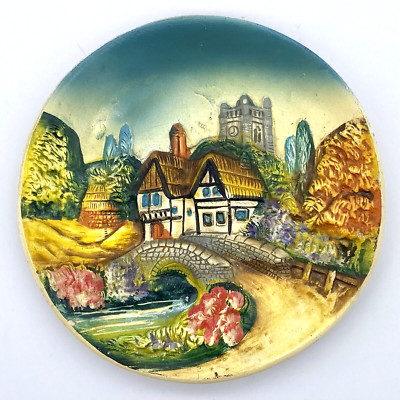 Vintage Hand Painted CHALKWARE Plaster 3D Wall Hanging Plate Plaque Estate Scene
