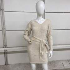 EXPRESS Faux Fur V-Neck Tie Waist Mini Sweater Dress Women's Size XS