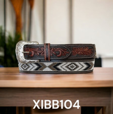 Western Multicolor Beaded Tooled Leather Belt Floral Billet Size 36 40 42 SALE