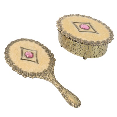 Vintage Vanity Trinket Box Hand Mirror Set Enamel Rhinestone Hollywood Regency
