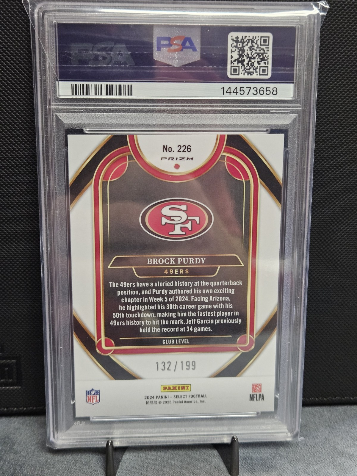 2024 Panini Select - Brock Purdy /199 PSA 10 White Shock Prizm Club Level #226 view 5