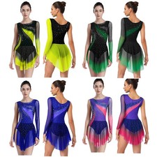Womens Leotard Stage Bodysuit Training Dancewear Mesh Dress Modern Gradient Hem