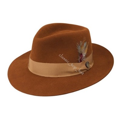 NEW Felt Fedora Tan Stiff and Snap Brim 100% Wool Trilby Hat With Wide Band