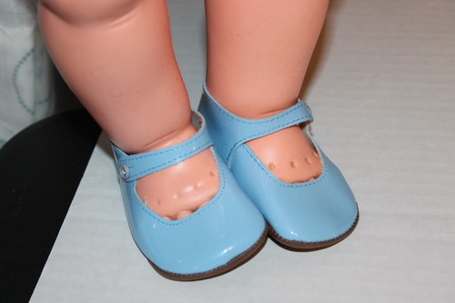 Baby Blue Patent Leather Doll Shoes, Side Button, Vintage - Picture 8 of 9