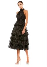 NWT Mac Duggal Layered Black Gold Polka Dot Halter Cocktail Dress Size 8 49510