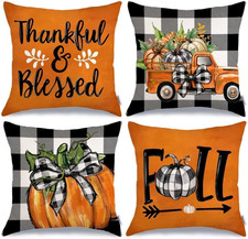 Fall Decorative Throw Pillow Covers 18 X 18 Inch Set of 4, Pumpkins Thankful
