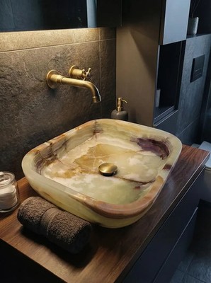 Onyx Stone Vessel Sink, Rectangular Stone Basin, Handcarved Natural Marble Decor