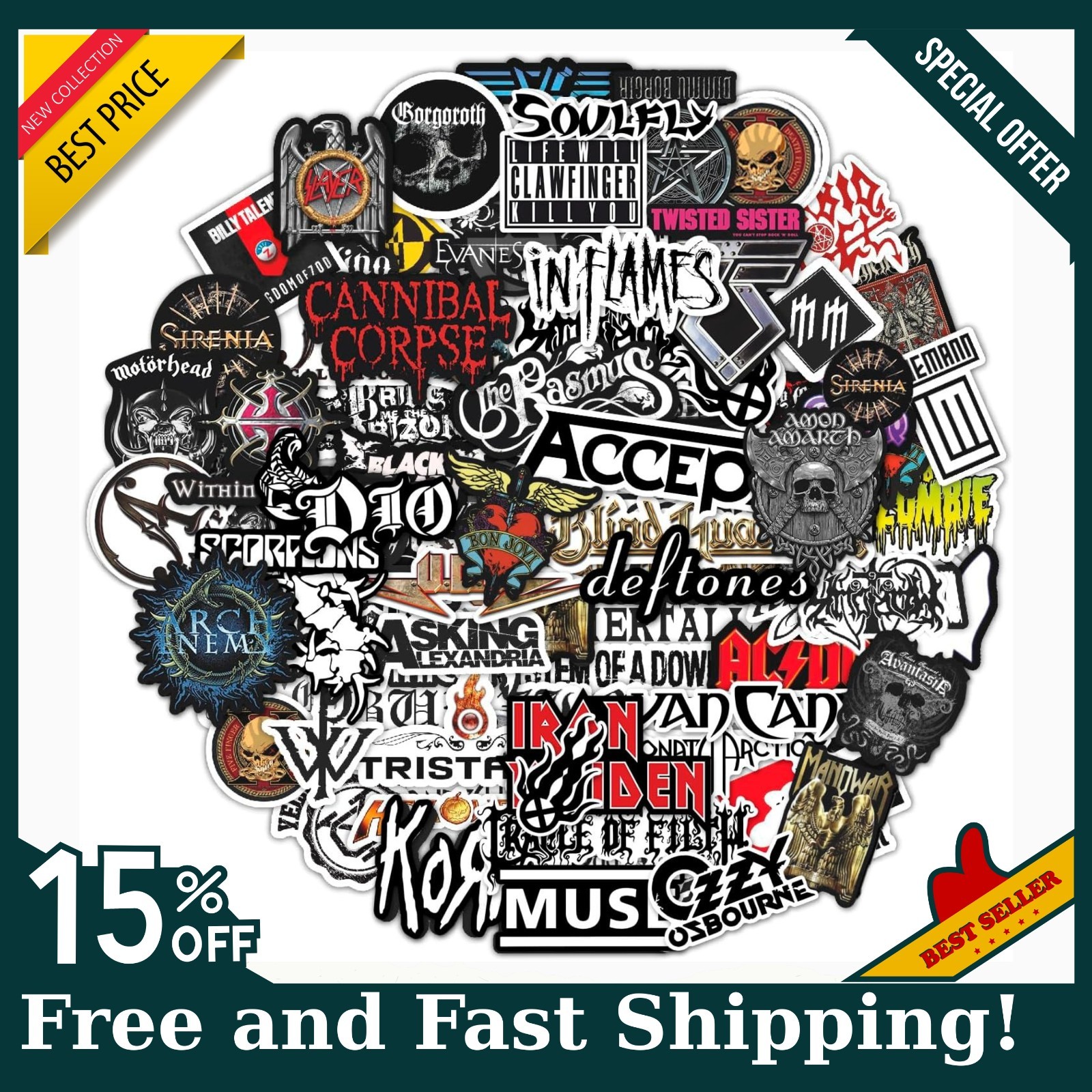 100 Pcs Heavy Metal Band Stickers, Waterproof Rock Decals, Guitar Emblems