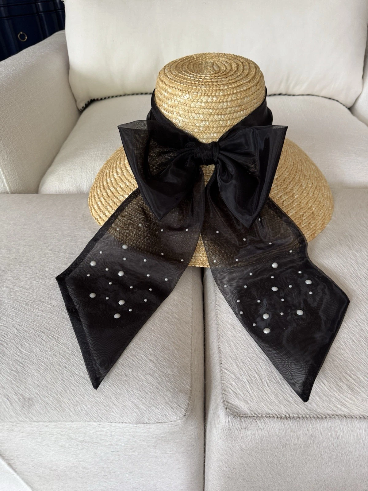 Euegina Kim Mirabel Straw Hat w/Black Embellished Bow One Size ($495) Retail