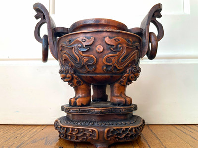 Vintage Chinese Carved Wood Ding Censer Urn Dragon Phoenix 8 