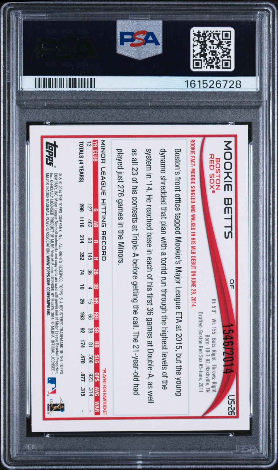 2014 TOPPS UPDATE GOLD #US26 MOOKIE BETTS 1546/2014 PSA 8 view 2