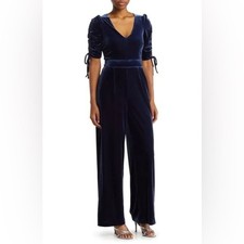 NWT Eliza J Jumpsuit Ruched Short Sleeve Velvet Wide Leg Jumpsuit Size 6 Blue