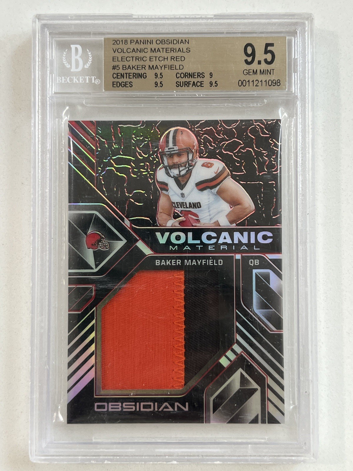 Baker Mayfield Panini Obsidian Volcanic Material #VM5 Electric Etch Red